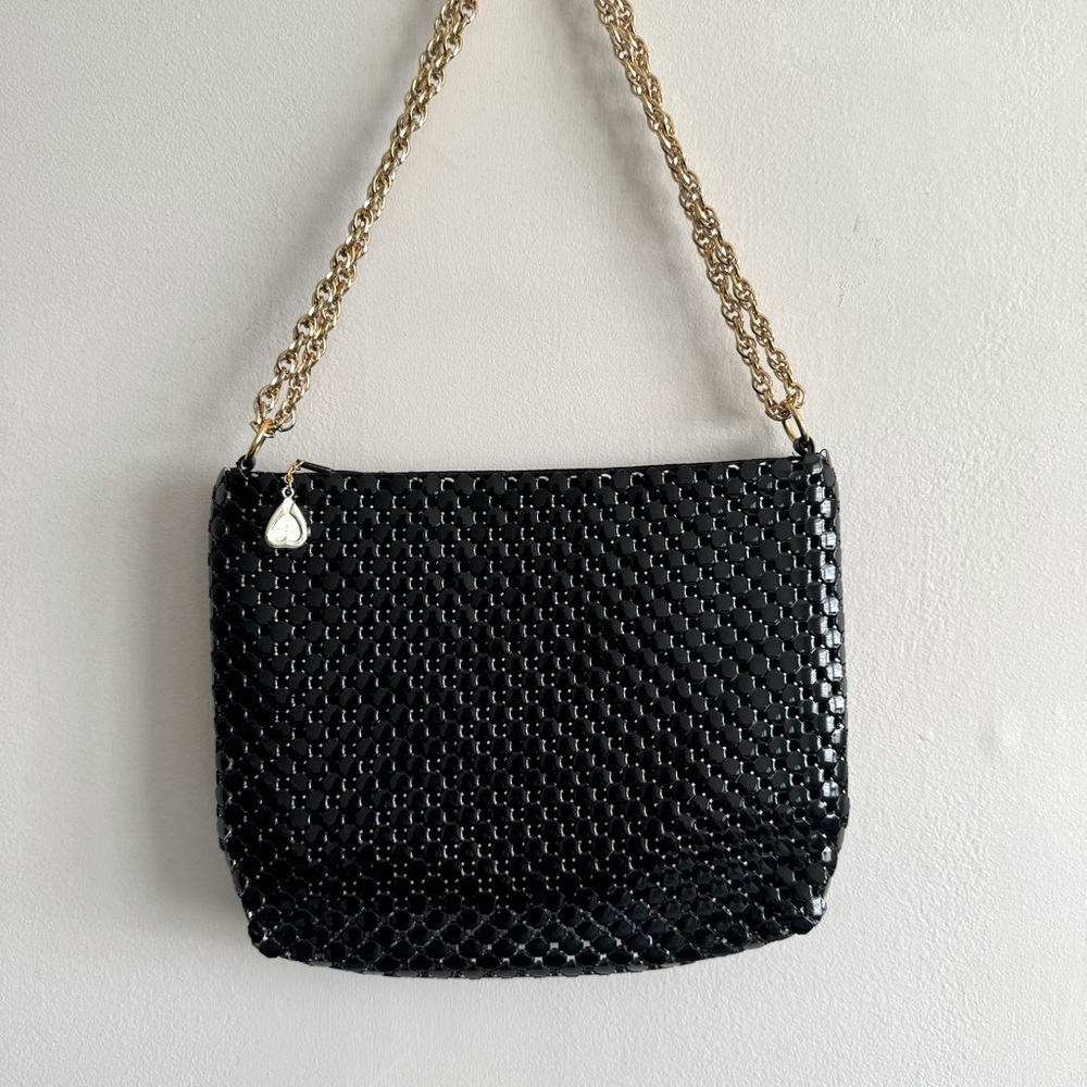 Whiting and Davis vintage, Black metal mesh crossbody, gold chain.